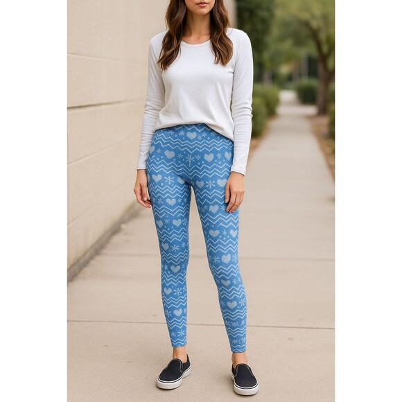 BEACH RIOT Fair Isle Leggings XS Blue White Snowflake Heart Knit Pattern Stretch - Picture 2 of 14